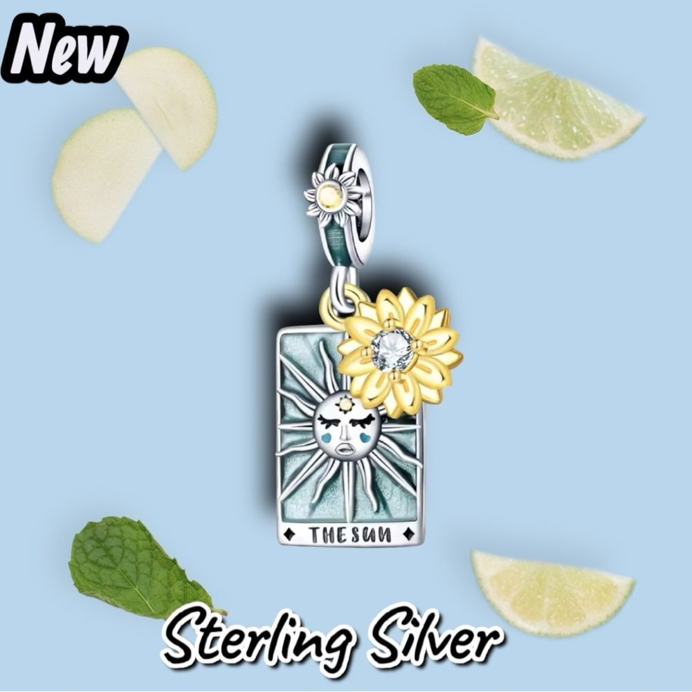 NEW 925 Sterling Silver “The Sun” Tarot Card Charm – Light Blue Enamel with Sunf